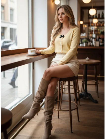 Dámský krátký svetr s mašlí béžový Dstreet model 21988253 - FashionStreet