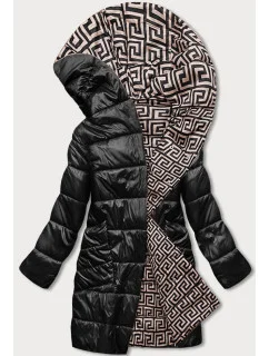 Čierno-béžová preložená obálková dámska bunda s kapucňou (R8040)