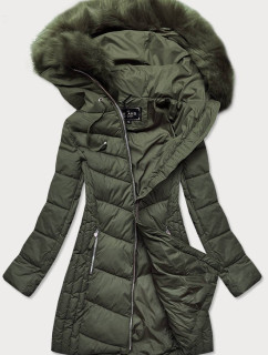 Dlhá dámska prešívaná zimná bunda v khaki farbe (7689)