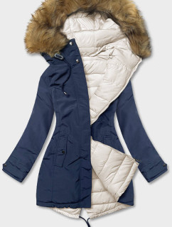 Tmavo modro-béžová obojstranná dámska zimná bunda (2M-21508)