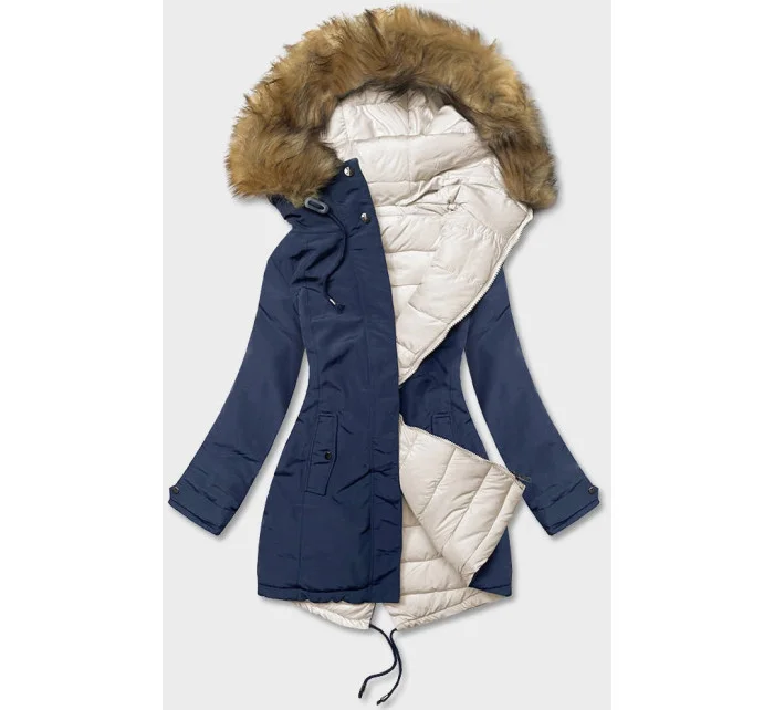 Dámska obojstranná zimná bunda tmavomodrá a béžová (2M-21508)