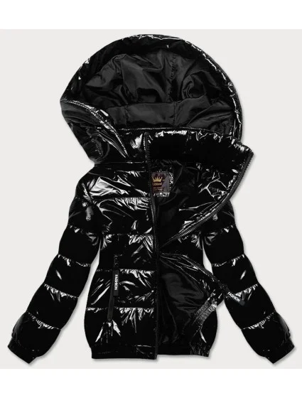 Lesklá čierna dámska bunda so sťahovacím lemom (LD7250BIG)