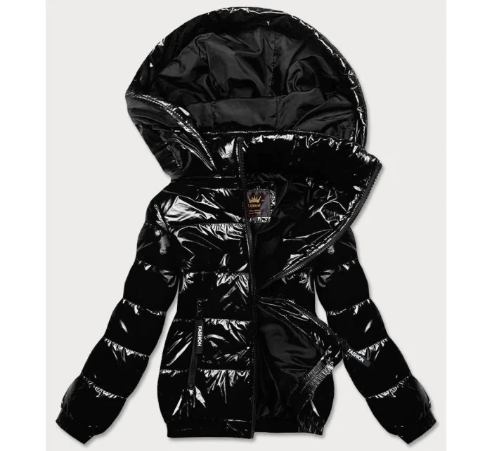 Lesklá čierna dámska bunda so sťahovacím lemom (LD7250BIG)