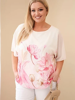 Dámská halenka Plus Size s květinovým potiskem a volným rukávem růžová