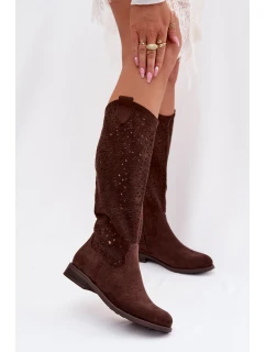 Dámské síťované kozačky na nízkém podpatku S.Barski HY61-8023 Čokoládové