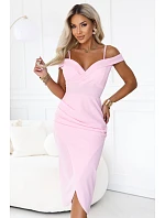 Midi šaty s odhalenými rameny a výstřihem – pastelově růžové model 22307276 - numoco basic