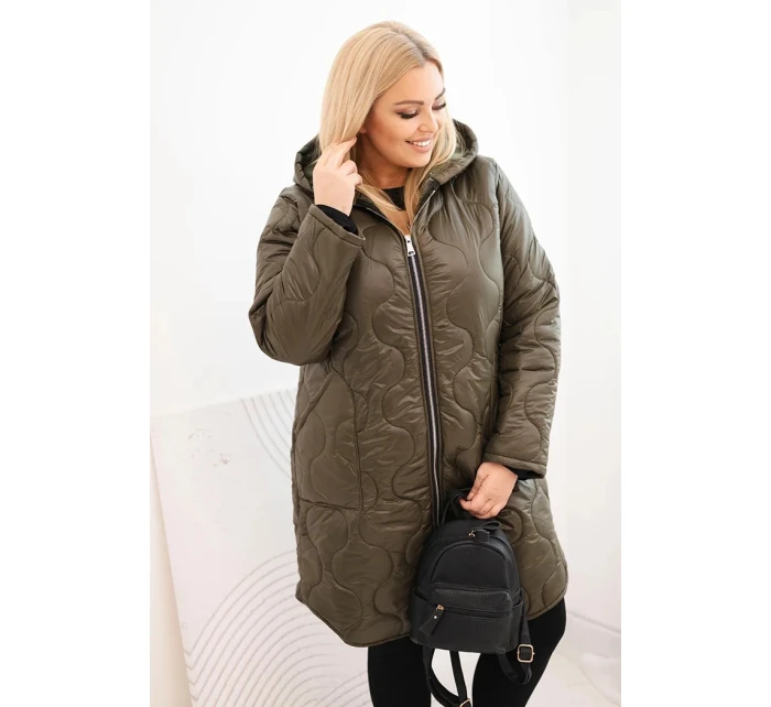 Dámská zimní prošívaná bunda Plus Size s kapucí khaki
