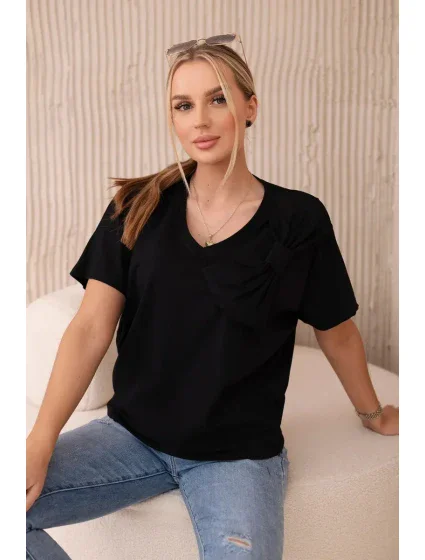 Bavlnená blúzka s ozdobnou mašľou čierna