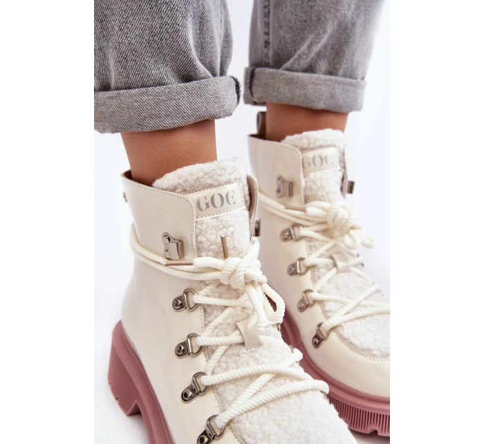 Lakierowane Skórzane Botki Trapery Damskie GOE MM2N4083 Białe