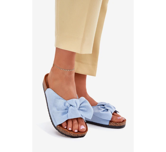 Klapki Damskie Na Korkowej Podeszwie Kokardką Niebieskie Seressa Klapki Damskie Na Korkowej Podeszwie Kokardką Niebieskie Seressa