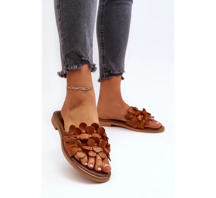 Zazoo 40381 Damskie Skórzane Klapki Na Płaskim Obcasie Brązowe