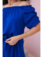 Španielske šaty so zaväzovaním v páse v chrpovo modrej farbe