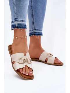 Klapki Damskie Płaskie Z Ozdobnym Detalem Beżowe Amiresna