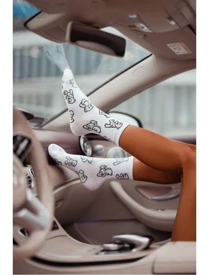 Dámske ponožky s obrysmi medvedíka - biele