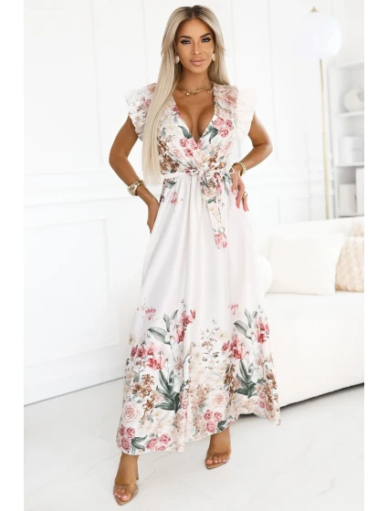 Saténové maxi šaty s výstřihem a květinovým v boho stylu model 21177152 - numoco basic Saténové maxi šaty s výstřihem a květinovým v boho stylu model 21177152 - numoco basic