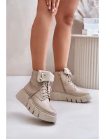 Zazoo 60511 Skórzane Botki Damskie Na Platformie Ocieplane Beżowe Zazoo 60511 Skórzane Botki Damskie Na Platformie Ocieplane Beżowe