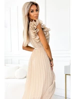 Béžové dámské plisované šifonové midi šaty s výstřihem a volánky model 20171428 - numoco basic Béžové dámské plisované šifonové midi šaty s výstřihem a volánky model 20171428 - numoco basic