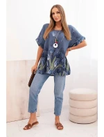 Dámská bavlněná košile s květinovým vzorem džínová modrá