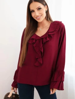 Dámska blúzka z viskózy s volánmi a dlhými rukávmi bordová