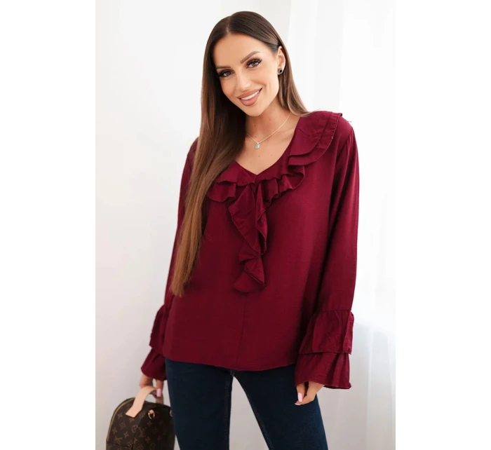 Dámská blůza z viskózy s volány a dlouhým rukávem bordová Dámská blůza z viskózy s volány a dlouhým rukávem bordová