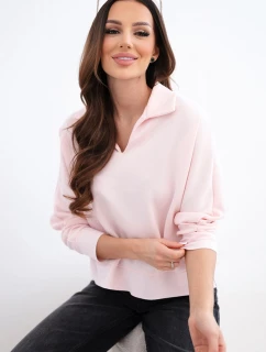 Dámska maslová viskózna blúzka s golierom a výstrihom do V púdrovo ružová