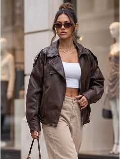 Dámska kožená bunda so stojáčikom, hnedá, FashionStreet TY5961