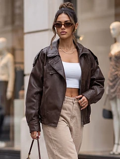 Kurtka damska skórzana ze stójką brązowa model 22365048 - FashionStreet