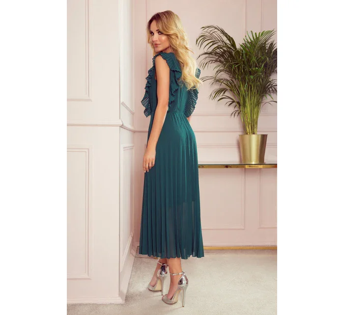 EMILY - Plisované dámske šaty v fľaškovo zelenej farbe s volánikmi a výstrihom 315-1 EMILY - Plisované dámske šaty v fľaškovo zelenej farbe s volánikmi a výstrihom 315-1