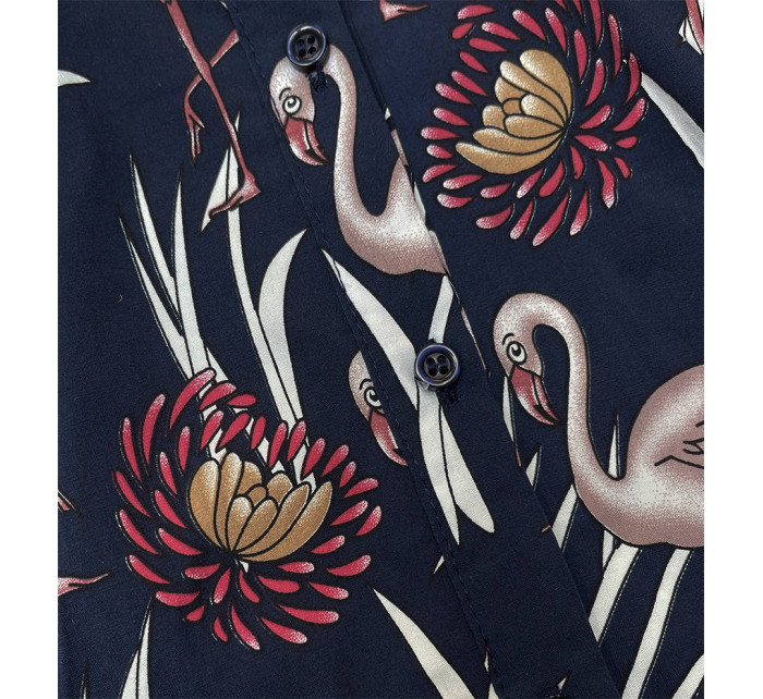 Tmavomodrá košeľa s dlhými rukávmi a so vzorom plameniakov (AWY0168)