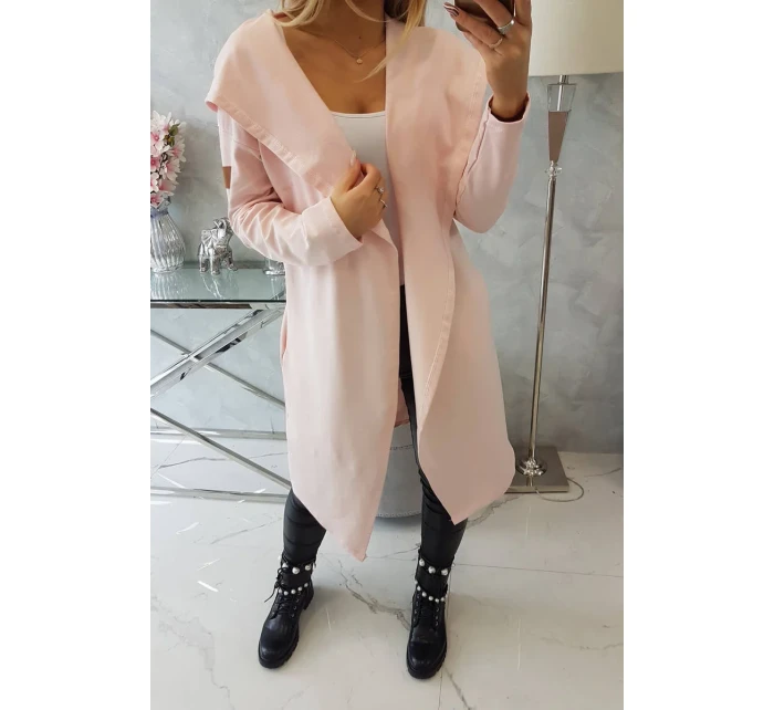 Dlouhý kabát s kapucí světle pudrově růžový