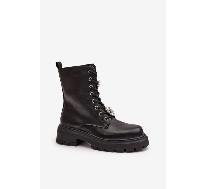 Botki Workery Damskie Eko Skórzane Z Przypinkami Czarne Kristines Botki Workery Damskie Eko Skórzane Z Przypinkami Czarne Kristines