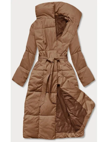 Tmavě béžový dámský zimní kabát s páskem model 21246821 - LHD
