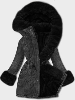 Čierna dámska džínsová bunda s kožušinovou podšívkou (R8068-101)