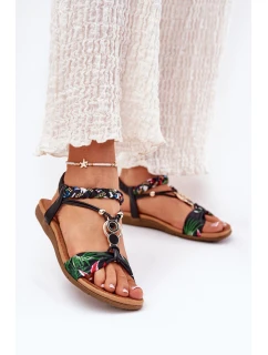 Sandały Damskie Płaskie Z Plecionymi Paskiem I Ozdobą Artiker 56C1318 Czarne