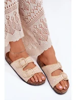 Szydełkowe Klapki Damskie Ze Złotymi Klamrami Beżowe Fenira Szydełkowe Klapki Damskie Ze Złotymi Klamrami Beżowe Fenira