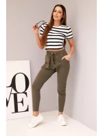 Dámské bavlněné cargo kalhoty s kapsami a řetízkem béžové