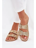 Lesklé zdobené pantofle s přezkami na plochém podpatku zlaté model 21705541 - Boto Lesklé zdobené pantofle s přezkami na plochém podpatku zlaté model 21705541 - Boto