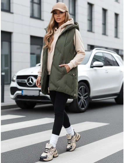 Dámská dlouhá prošívaná vesta s kapucí zelená Dstreet model 21991378 - FashionStreet