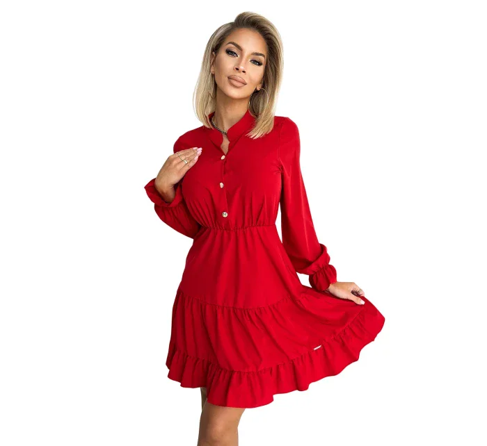 Červené dámske šaty s výstrihom a zlatými gombíkmi 395-1