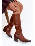 Kožené Kozačky Na Podpatku S Přezkou Zateplené model 21772427 Hnědé - Zazoo