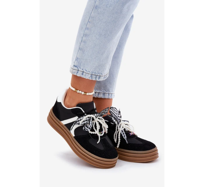 Sneakersy Damskie Na Platformie Z Ozdobami Czarne Vinness