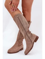 Dámske čižmy na nízkom podpätku s perforovaným vzorom S.Barski - béžové, ekokoža