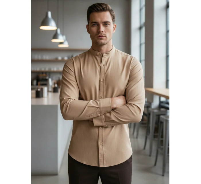 Pánská ležérní béžová košile SLIM FIT se stojáčkem Dstreet model 21981627 - FashionStreet