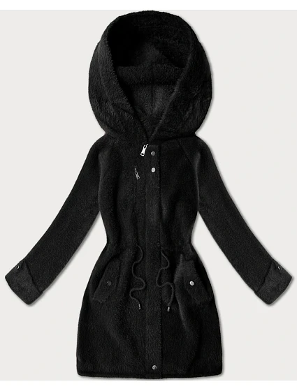 Čierna vlnená bunda z alpaky s kapucňou (W214#)