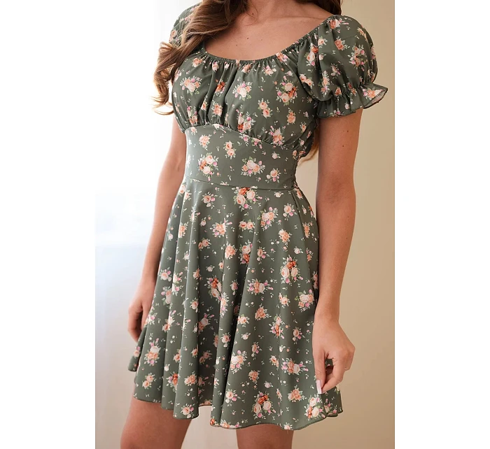 Dámske kvetinové šaty s volánovými rukávmi a elastickým pásom khaki farby Dámske kvetinové šaty s volánovými rukávmi a elastickým pásom khaki farby
