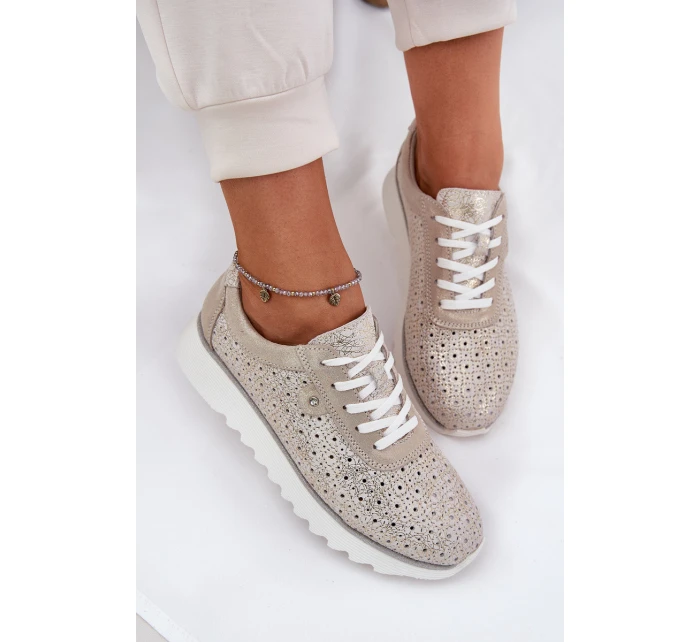 Zamszowe Ażurowe Sneakersy Na Platformie LR51-927 Złote