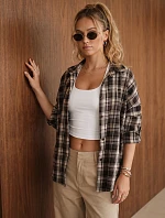 Dámska bavlnená košeľa s kockovaným vzorom, tmavohnedá, FashionStreet DY0512