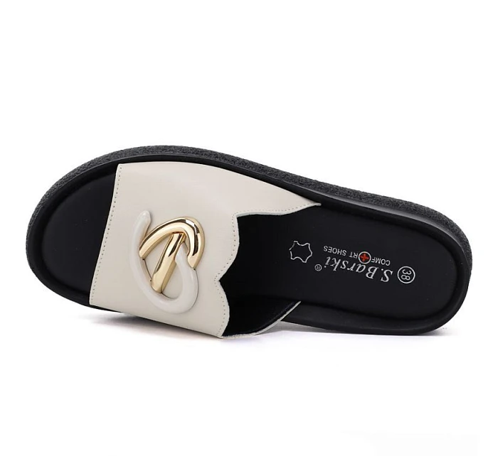 Dámské kožené žabky na platformě béžové S.Barski model 22117563