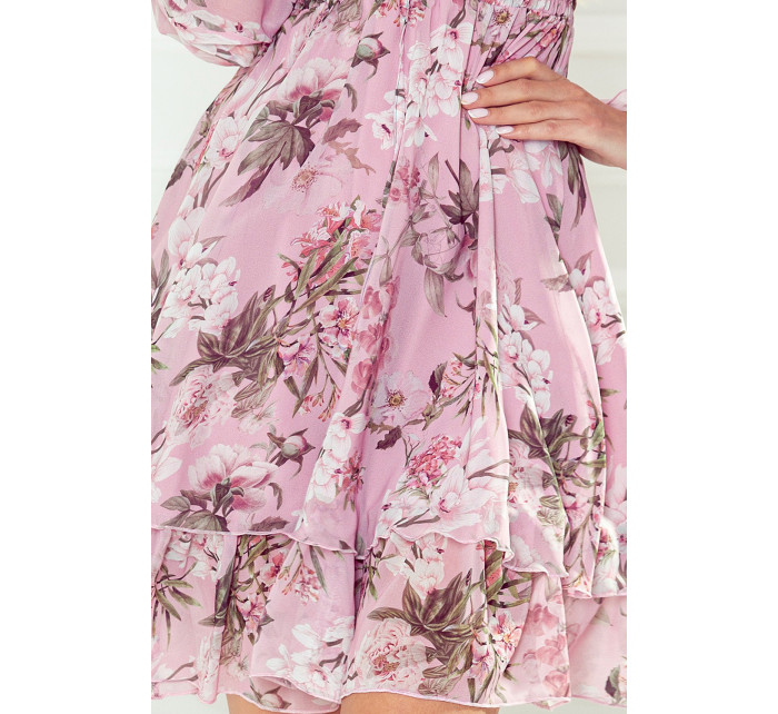 Šifónové šaty so zaväzovaním za krk Numoco MONICA - ružové s kvetmi