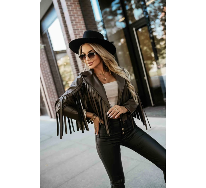 model 21371205 Krátká bunda s třásněmi z měkké ekokůže čokoládová - numoco basic model 21371205 Krátká bunda s třásněmi z měkké ekokůže čokoládová - numoco basic